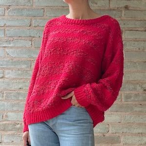 Vintage Slouchy Sweater 80s Red Nubby Knit Pullover Crew Neck Cozy Chunky